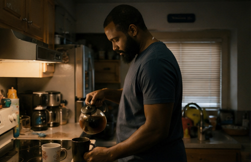 A dad in the kitchen early in the morning.